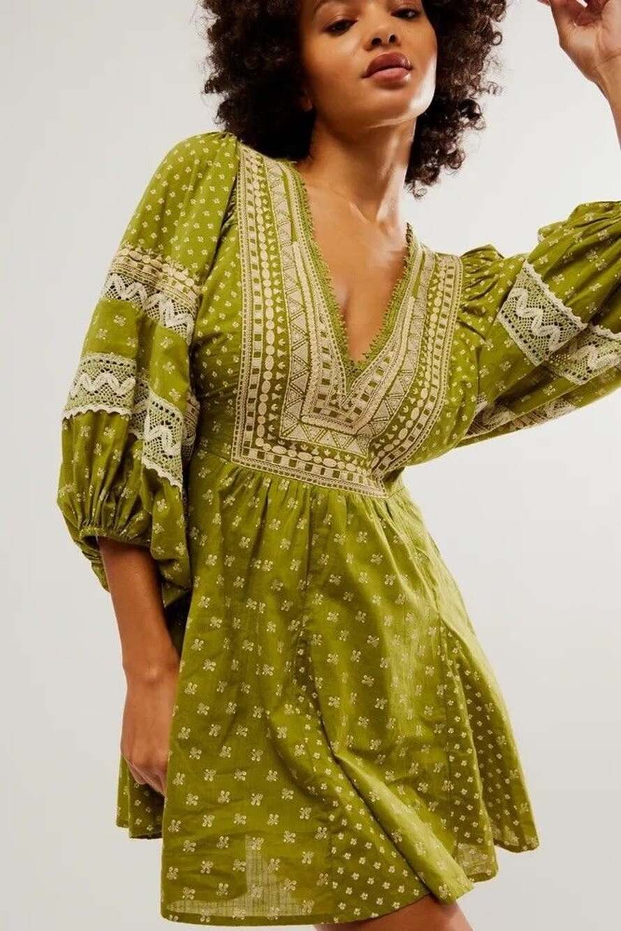 Free People Sweet Southwest Mini Dress Size M Olive Green